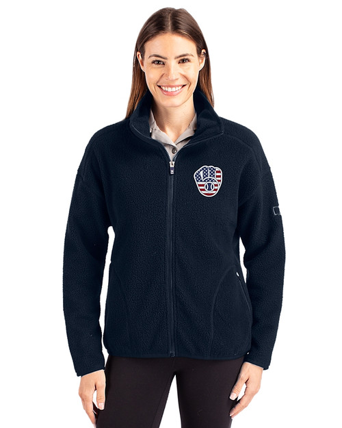Milwaukee Brewers Stars & Stripes Cutter & Buck Cascade Epic Comfort Recycled Sherpa Fleece Womens Full Zip Jacket Navy Blue Front