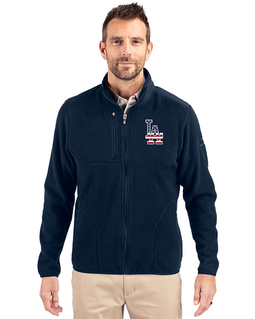 Los Angeles Dodgers Stars & Stripes Cutter & Buck Cascade Eco Sherpa Mens Big & Tall Fleece Jacket Navy Blue Front
