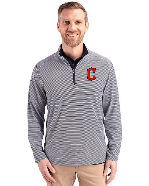 Cleveland Guardians - Cutter & Buck Virtue Eco Pique Micro Stripe Recycled Mens Quarter Zip Navy Blue/White Front