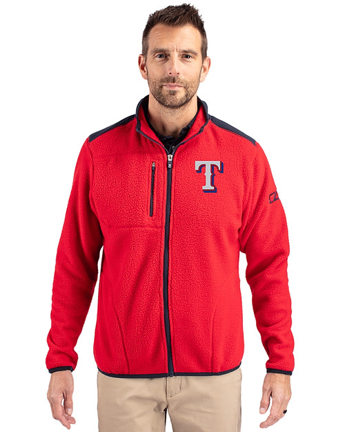 Texas Rangers Cutter & Buck Cascade Epic Comfort Recycled Sherpa Fleece Mens Big & Tall Full Zip Jacket Red/Navy Blue Front