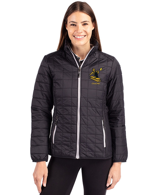 Pittsburgh Steelers Historic Cutter & Buck Rainier PrimaLoft®  Womens Eco Insulated Full Zip Puffer Jacket Black Front