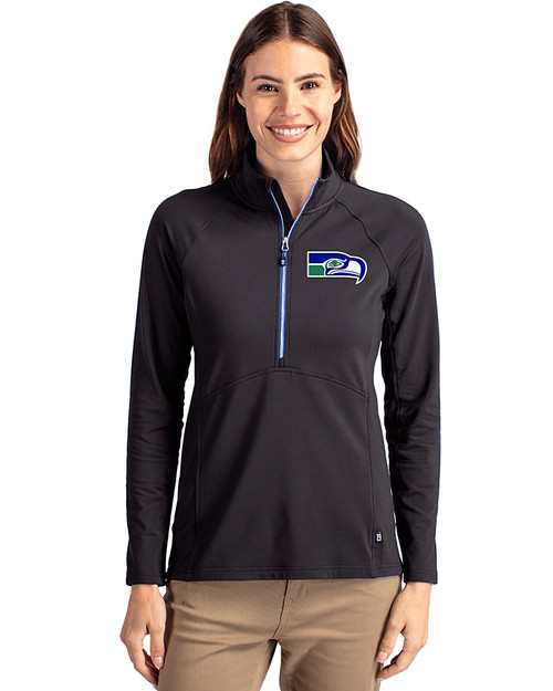 Seattle Seahawks Historic Cutter & Buck Adapt Recycled Soft Knit Stretch Womens Half Zip Pullover Black/Tour Blue Front