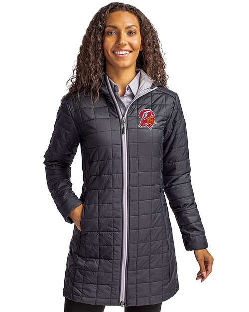 Tampa Bay Buccaneers Historic Cutter & Buck Rainier PrimaLoft®  Womens Eco Insulated Hooded Long Coat Black Front