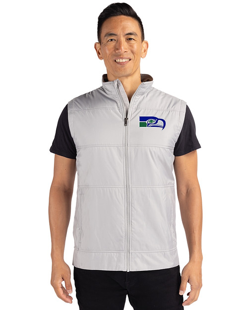 Seattle Seahawks Historic Cutter & Buck Stealth Hybrid Quilted Mens Big and Tall Windbreaker Vest Polished Medium Gray Front