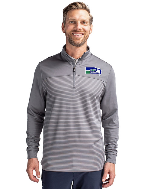 Seattle Seahawks Historic Cutter & Buck Traverse Recycled Smooth Stretch Mens Stripe Quarter Zip Pullover Elemental Grey Front