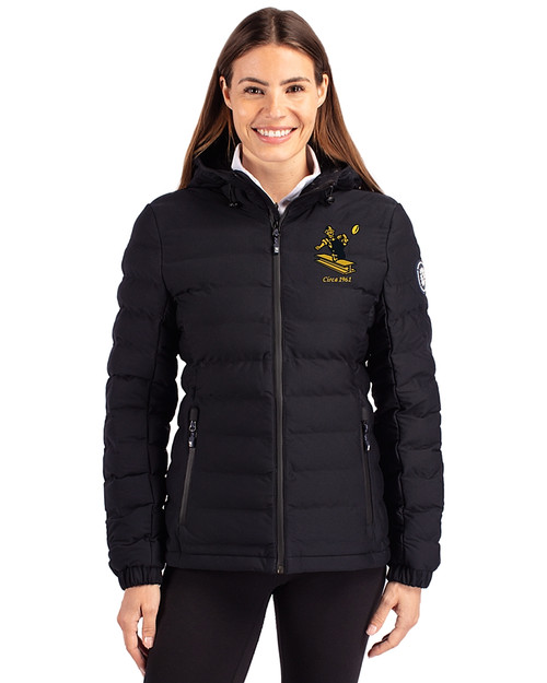 Pittsburgh Steelers Historic Cutter & Buck Mission Ridge Repreve® Eco Insulated Womens Puffer Jacket Black Front