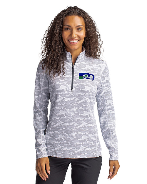 Seattle Seahawks Historic Cutter & Buck Traverse Stretch Eco Camo Print Quarter Zip Womens Pullover Charcoal Front