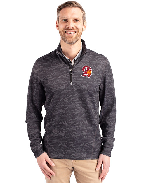 Tampa Bay Buccaneers Historic Cutter & Buck Traverse Recycled Smooth Stretch Mens Big & Tall Camo Quarter Zip Pullover Black Front