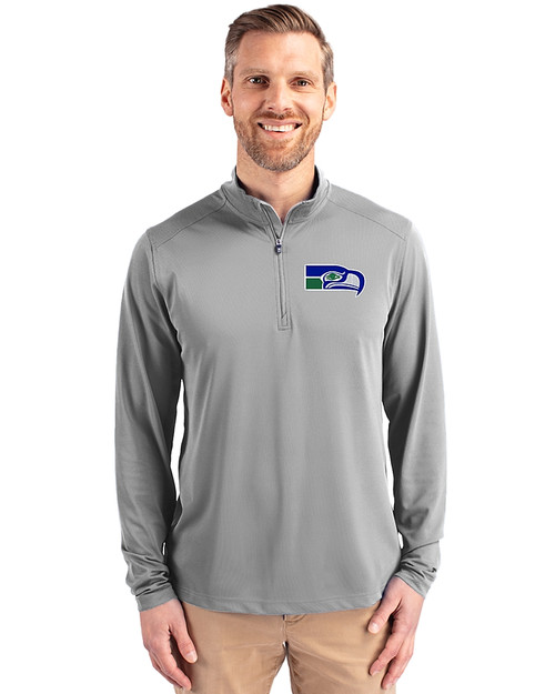 Seattle Seahawks Historic Cutter & Buck Virtue Eco Pique Recycled Quarter Zip Mens Big & Tall Pullover Polished Medium Gray Front
