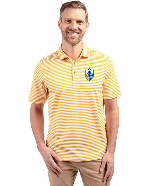 Los Angeles Chargers Historic Cutter & Buck Virtue Eco Pique Stripe Recycled Mens Polo College Gold Front
