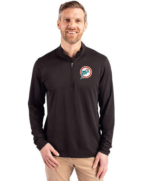 Miami Dolphins Historic Cutter & Buck Virtue Eco Pique Recycled Quarter Zip Mens Pullover Black Front