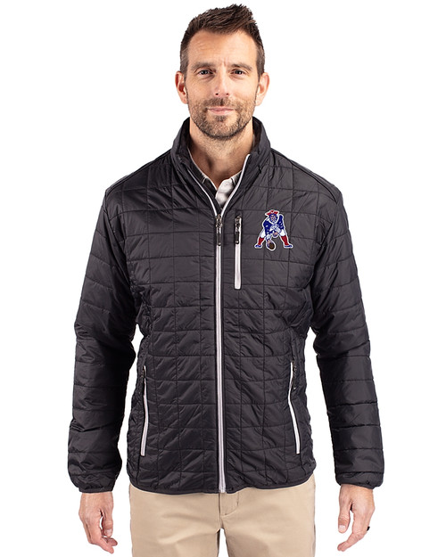 New England Patriots Historic Cutter & Buck Rainier PrimaLoft® Mens Eco Insulated Full Zip Puffer Jacket Black Front