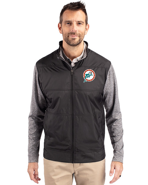 Miami Dolphins Historic Cutter & Buck Stealth Hybrid Quilted Mens Full Zip Windbreaker Jacket Black Front