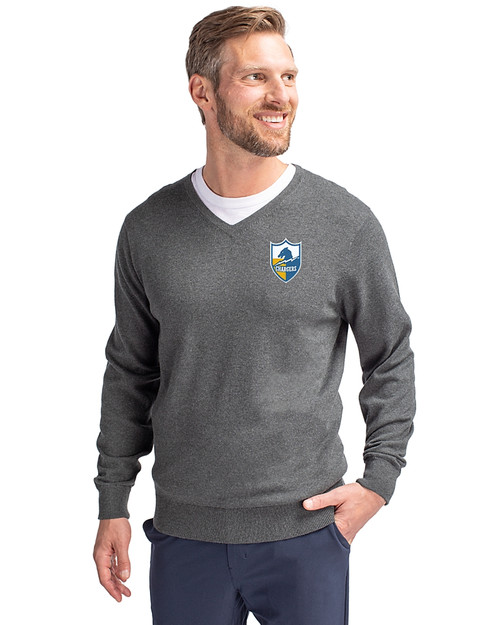 Los Angeles Chargers Historic Cutter & Buck Lakemont Tri-Blend Mens Big and Tall V-Neck Pullover Sweater Charcoal Heather Front