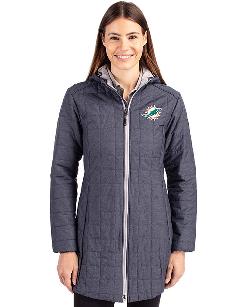 Miami Dolphins Cutter & Buck Rainier Recycled Insulated Puffer Womens Full Zip Hooded Long Coat Anthracite Melange Front