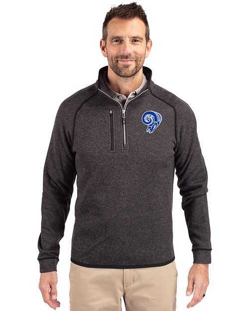 Los Angeles Rams Historic Cutter & Buck Mainsail Sweater-Knit Mens Half Zip Pullover Jacket Charcoal Heather Front