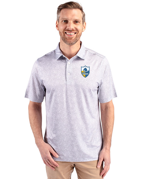 Los Angeles Chargers Historic Cutter & Buck Pike Constellation Print Stretch Mens Polo Polished Medium Gray Front