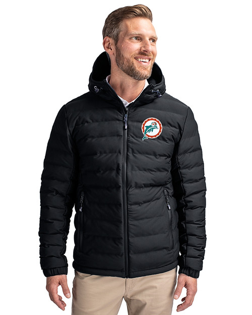 Miami Dolphins Historic Cutter & Buck Mission Ridge Repreve® Eco Insulated Mens Puffer Jacket Black Front