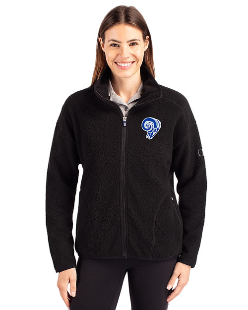 Los Angeles Rams Historic Cutter & Buck Cascade Epic Comfort Recycled Sherpa Fleece Womens Full Zip Jacket Black Front