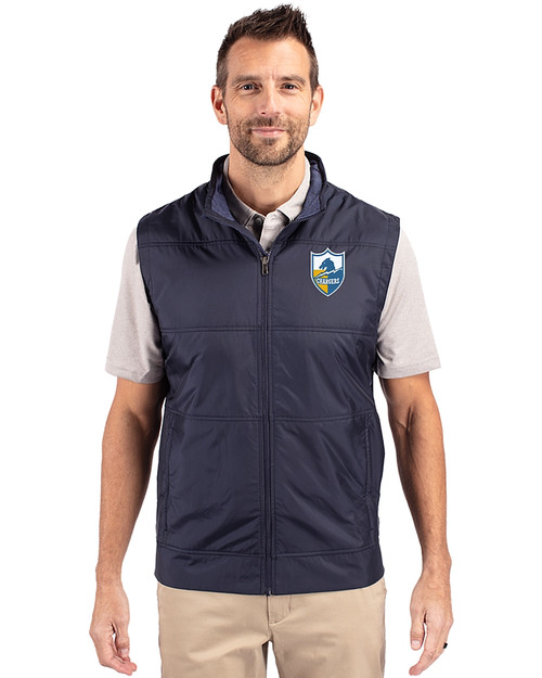 Los Angeles Chargers Historic Cutter & Buck Stealth Hybrid Quilted Mens Windbreaker Vest Liberty Navy Front