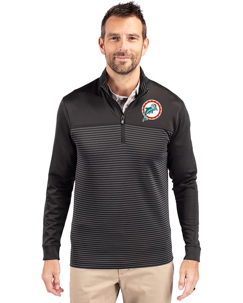Miami Dolphins Historic Cutter & Buck Traverse Stretch Eco Stripe Quarter Zip Mens Pullover Black Front