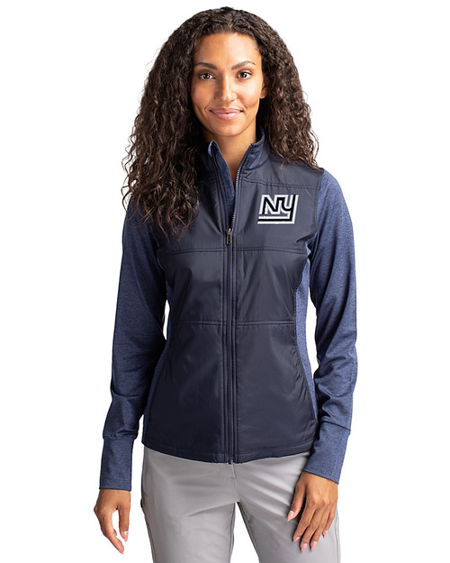 New York Giants Historic Cutter & Buck Stealth Hybrid Quilted Womens Full Zip Windbreaker Jacket Liberty Navy Front