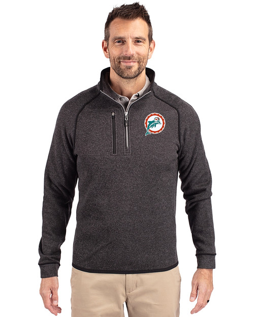 Miami Dolphins Historic Cutter & Buck Mainsail Sweater-Knit Mens Big and Tall Half Zip Pullover Jacket Charcoal Heather Front