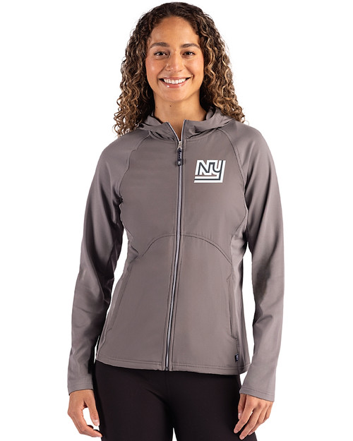 New York Giants Historic Cutter & Buck Adapt Recycled Soft Knit Stretch Womens Hybrid Full Zip Jacket Elemental Grey Front