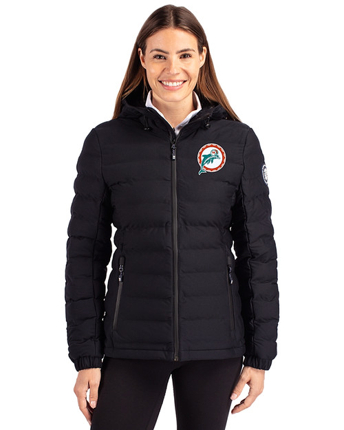 Miami Dolphins Historic Cutter & Buck Mission Ridge Repreve® Eco Insulated Womens Puffer Jacket Black Front