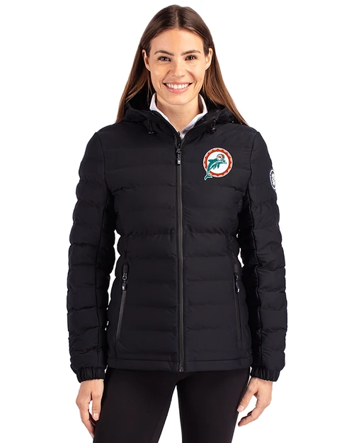 Miami Dolphins Historic Cutter & Buck Mission Ridge Repreve® Recycled Insulated Puffer Womens Full Zip Jacket Black Front
