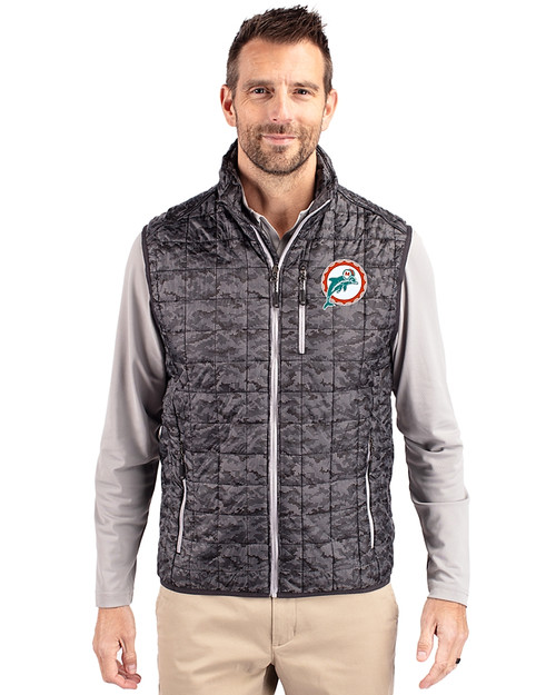 Miami Dolphins Historic Cutter & Buck Rainier PrimaLoft® Mens Eco Insulated Full Zip Printed Puffer Vest Black Front