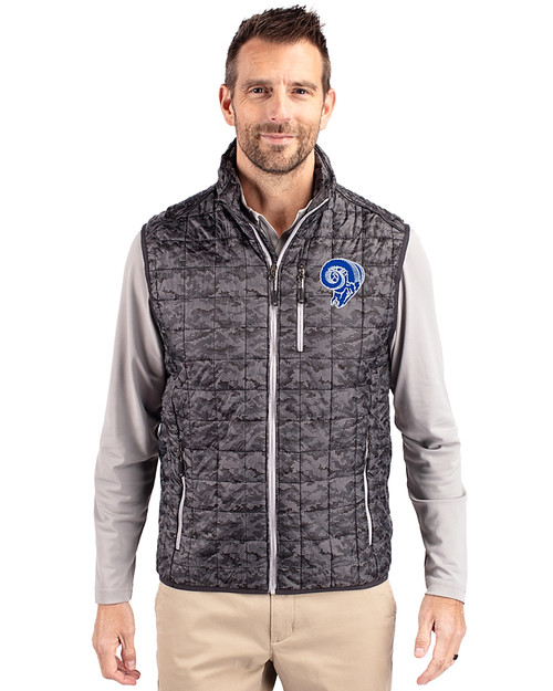 Los Angeles Rams Historic Cutter & Buck Rainier PrimaLoft® Mens Eco Insulated Full Zip Printed Puffer Vest Black Front
