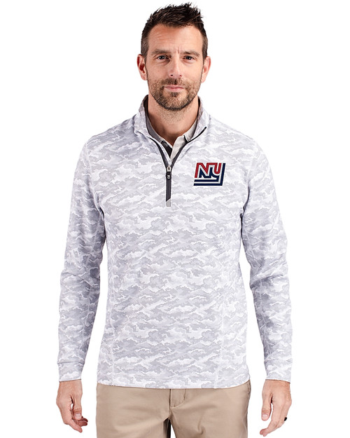 New York Giants Historic Cutter & Buck Traverse Stretch Eco Camo Print Quarter Zip Mens Big and Tall Pullover Charcoal Front
