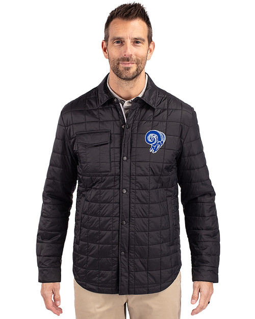 Los Angeles Rams Historic Cutter & Buck Rainier PrimaLoft® Mens Big and Tall Eco Insulated Quilted Shirt Jacket Black Front