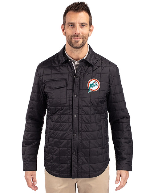 Miami Dolphins Historic Cutter & Buck Rainier PrimaLoft® Mens Big and Tall Eco Insulated Quilted Shirt Jacket Black Front