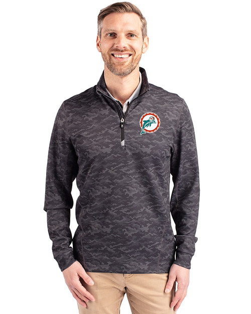 Miami Dolphins Historic Cutter & Buck Traverse Stretch Eco Camo Print Quarter Zip Mens Pullover Black Front