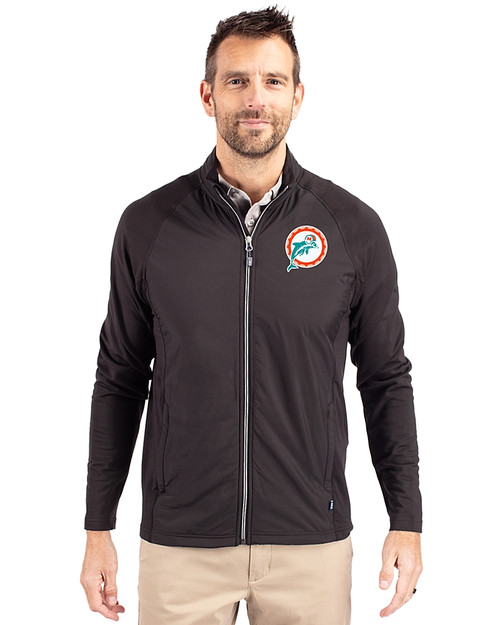 Miami Dolphins Historic Cutter & Buck Adapt Recycled Soft Knit Stretch Mens Big & Tall Hybrid Full Zip Jacket Black Front