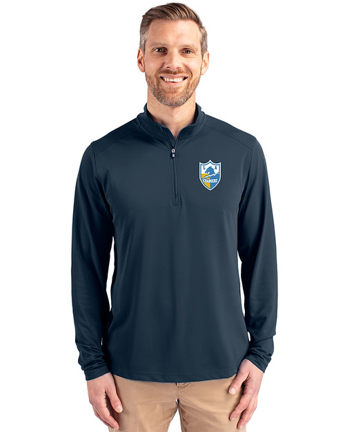 Los Angeles Chargers Historic Cutter & Buck Virtue Recycled Featherlight Pique Mens Big & Tall Quarter Zip Pullover Navy Blue Front