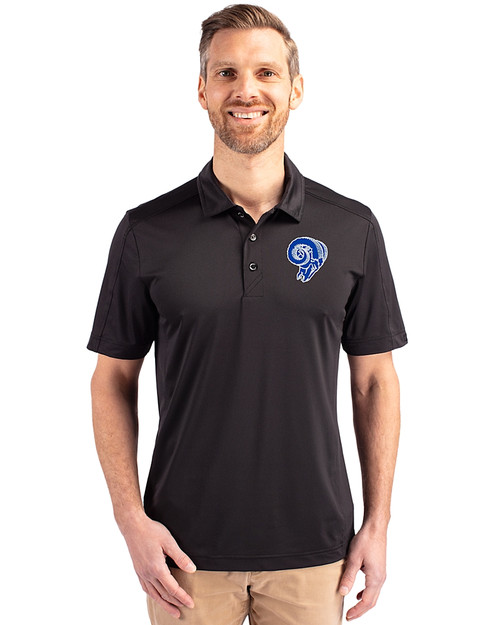 Los Angeles Rams Historic Cutter & Buck Prospect Eco Textured Stretch Recycled Mens Short Sleeve Polo Black Front