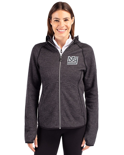 New York Giants Historic Cutter & Buck Mainsail Full Zip Hooded Womens Jacket Charcoal Heather Front