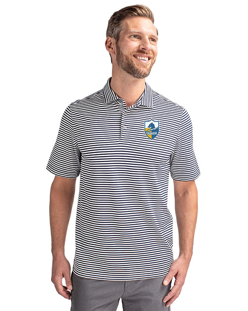 Los Angeles Chargers Historic Cutter & Buck Virtue Eco Pique Stripe Recycled Mens Big and Tall Polo Navy Blue Front
