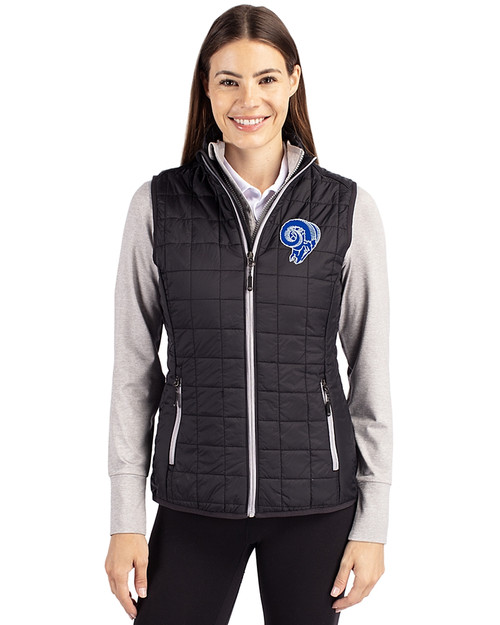 Front profile view of a Black Los Angeles Rams Historic Cutter & Buck Rainier PrimaLoft® Womens Eco Insulated Full Zip Puffer Vest