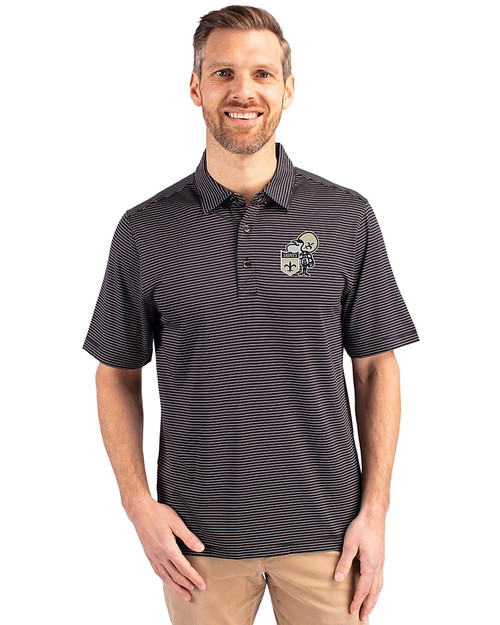 New Orleans Saints Historic Cutter & Buck Forge Pencil Stripe Stretch Mens Polo Black Front