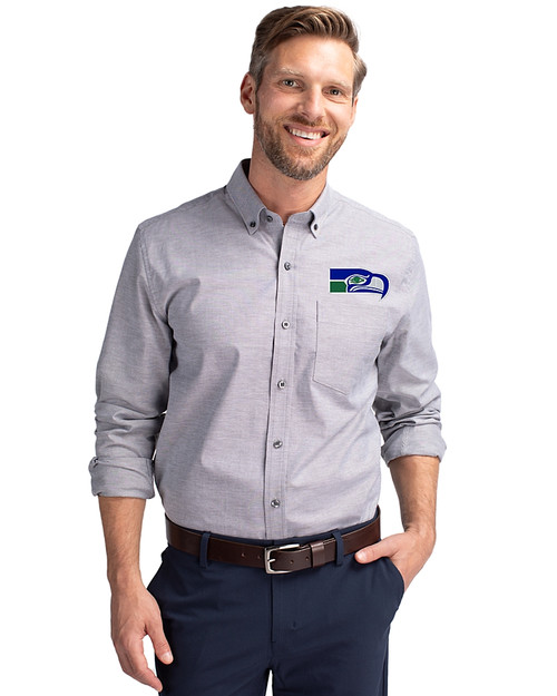 Seattle Seahawks Historic Cutter & Buck Easy Care Stretch Oxford Mens Long Sleeve Button Down Shirt Charcoal Front
