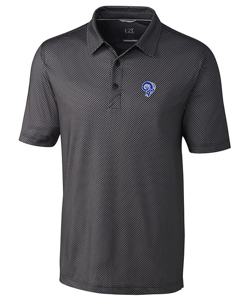 Los Angeles Rams Historic Cutter & Buck Pike Mini Pennant Print Stretch Mens Polo Black Mannequin