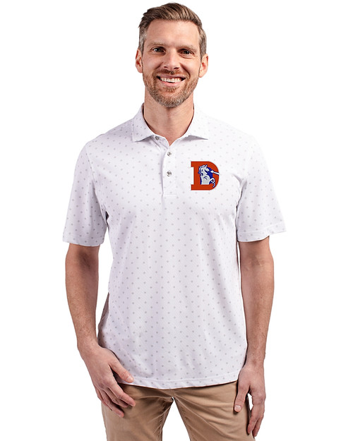 Denver Broncos Historic Cutter & Buck Virtue Eco Pique Tile Print Recycled Mens Big & Tall Polo White Front