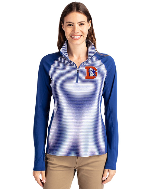 Denver Broncos Historic Cutter & Buck Forge Tonal Stripe Stretch Half Zip Womens Top Tour Blue Front