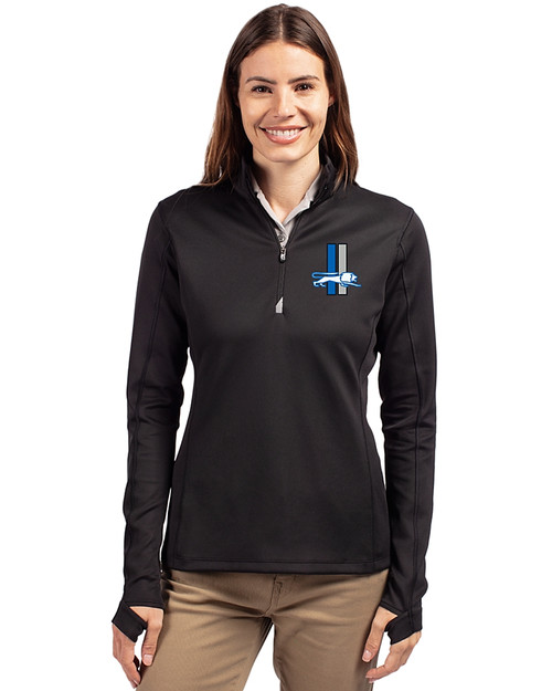 Detroit Lions Historic Cutter & Buck Traverse Recycled Smooth Stretch Womens Quarter Zip Pullover Black Front