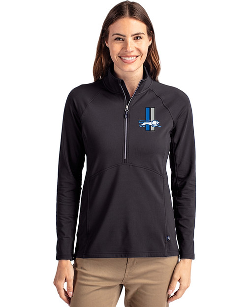 Detroit Lions Historic Cutter & Buck Adapt Eco Knit Stretch Recycled Womens Half Zip Pullover Black Front