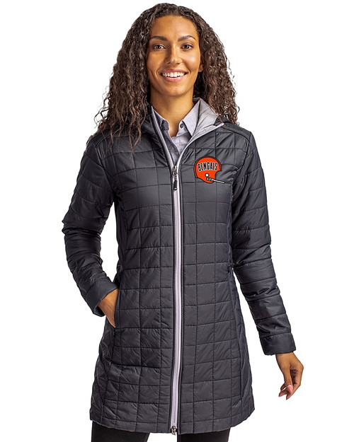 Cincinnati Bengals Historic Cutter & Buck Rainier Recycled Insulated Puffer Womens Full Zip Hooded Long Coat Black Front